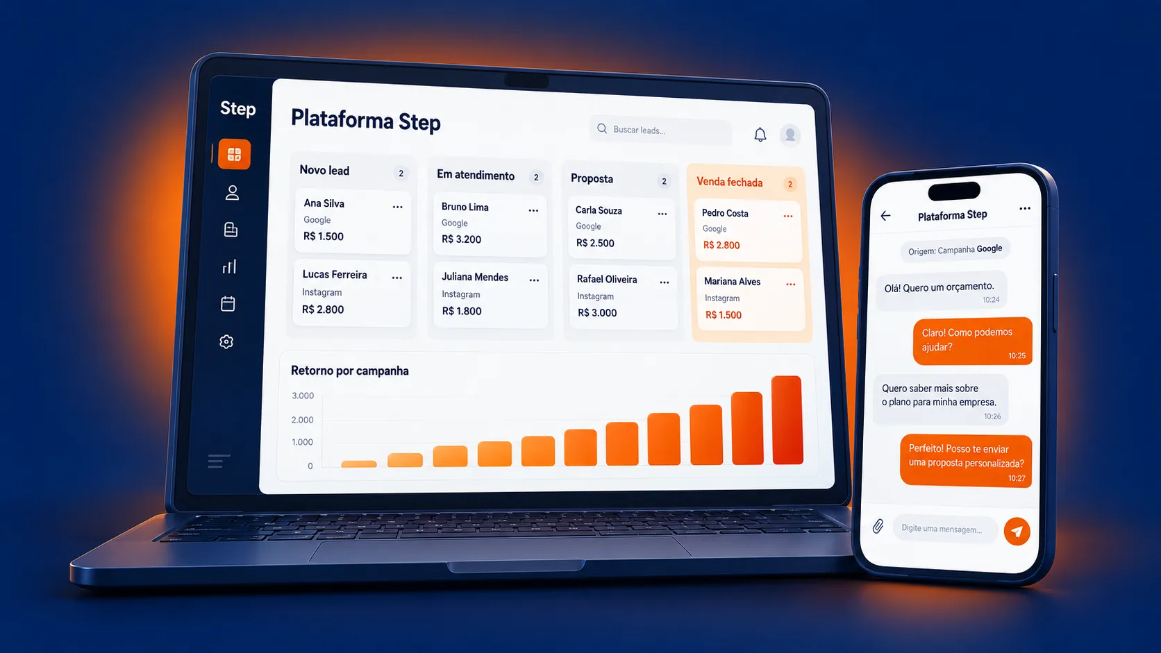 Plataforma Step em notebook e celular com CRM, atendimento e retorno por campanha